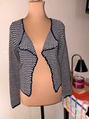 BODEN Open-Front Navy & White Knit Sweater Cardigan